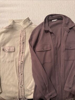 Waffle Knit Button-Up Shacket Duo in Cream and Mauve